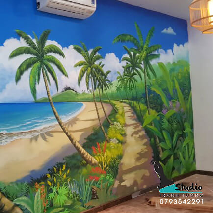 Vẽ tranh tường sữa chua trân châu hạ long phong cảnh tropical