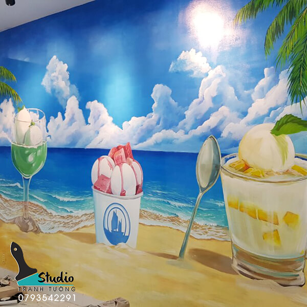 Vẽ tranh tường sữa chua trân châu hạ long phong cảnh tropical