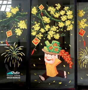 tranh kính xuân hoa mai vàng